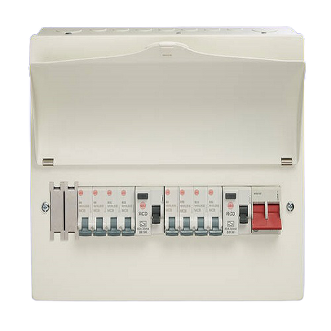 Wylex 15 Way 100A Switch Dual 80A 30mA RCDs Flexible Consumer Unit c/w 10 MCBs (3x6A, 2x16A, 5x32A) and 5 blanks